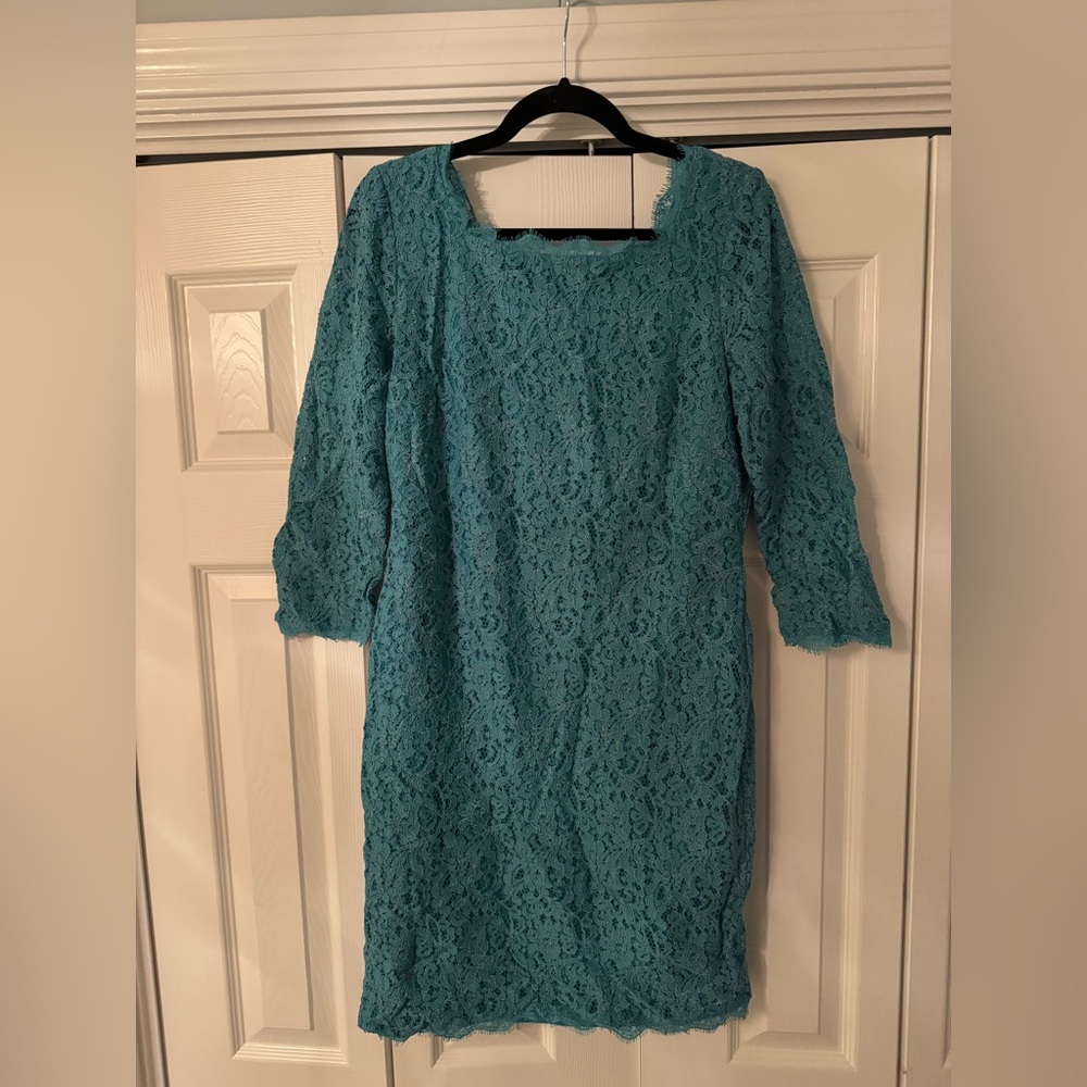 Adrianna Papell Teal Lace Long Sleeve Dress